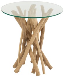Stolik drewniany z blatem szklanym BRANCHES - naturalny/transparentny