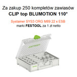 Blum promocja - akcja z zawiasami 2023   Oferta objęta promocją:   Za zakup 250 szt. zawiasów 71B3550 CLIP top BLUMOTION 110º nakładany, puszka na...