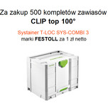Blum promocja - akcja z zawiasami 2023   Oferta objęta promocją:   Za zakup 500 szt. zawiasów 71M2550 CLIP 100º nakładany, puszka na wkręty, + 500 szt....