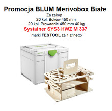 Szuflady 20kpl prowadnic 40kg/450mm i boków 450mm MERIVOBOX kolor BIAŁY + Systainer SYS3 HWZ M 337 Festool - Blum