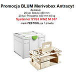 Blum promocja - akcja z szufladami 2023   Oferta objęta promocją:   Za zakup 20kpl prowadnic 450.4501B Merivobox 450mm, 40kg + 20kpl boków 470M4502S...