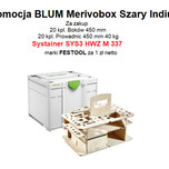 Blum promocja - akcja z szufladami 2023   Oferta objęta promocją:   Za zakup 20kpl prowadnic 450.4501B Merivobox 450mm, 40kg + 20kpl boków 470M4502S...