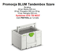 Szuflady 20kpl prowadnic 30kg/500mm i boków 500mm + 12kpl relingów 500mm TANDEMBOX kolor SZARY + SYS TB M237 - Blum